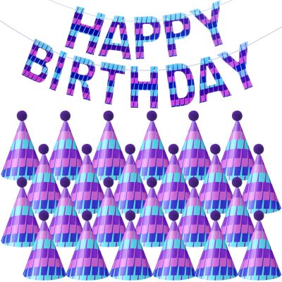 AmazingSpark 25 Pcs Video Game Birthday Party Decorations Set 24 Happy Birthday Hats with Pompoms 1 Banner for Blue and Purple Pixel Gaming Party Decorations