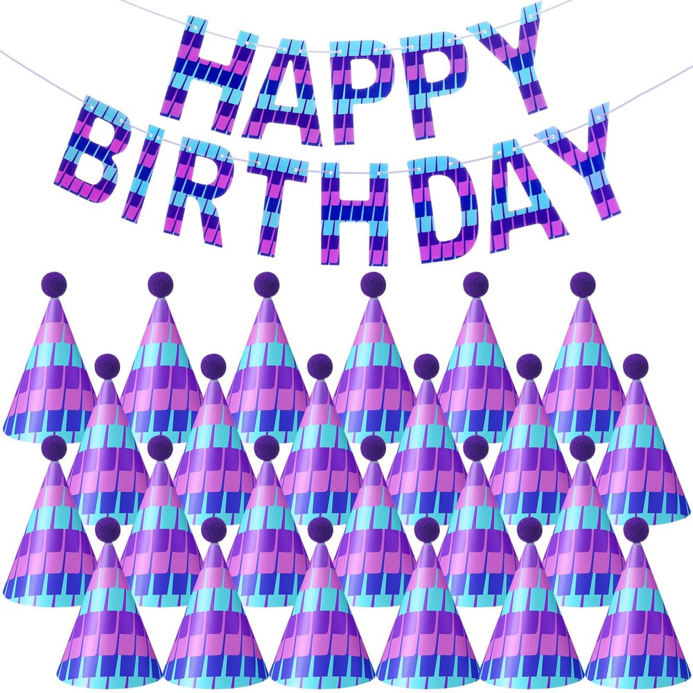 AmazingSpark 25 Pcs Video Game Birthday Party Decorations Set 24 Happy Birthday Hats with Pompoms 1 Banner for Blue and Purple Pixel Gaming Party Decorations