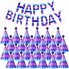 AmazingSpark 25 Pcs Video Game Birthday Party Decorations Set 24 Happy Birthday Hats with Pompoms 1 Banner for Blue and Purple Pixel Gaming Party Decorations view 1