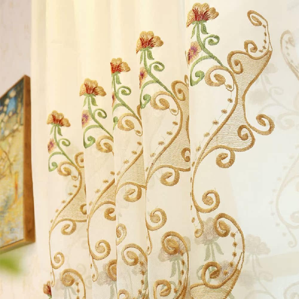 HooHero Beige Sheer Curtains Voile Gauze Home Decor Gorgeous Style Exquisite Floral Embroidered Rod Pocket Top Style for Hotle Office School(1 Panel, W 54 x L 63 inch, White)