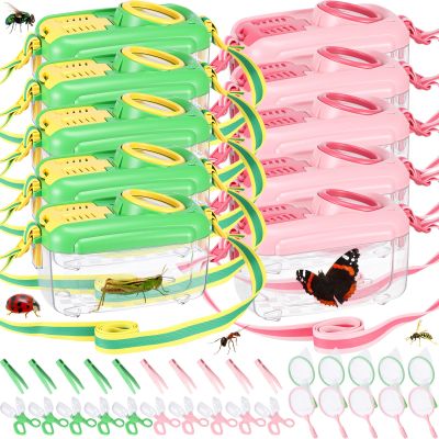 Halloscume 10 Sets Bug Catcher for Kids Students Insect Catching Kit Collector Bug Box with House, Butterfly Net, Tweezer, Cage Habitats Container Collection Explorer Gift (Pink,Green)