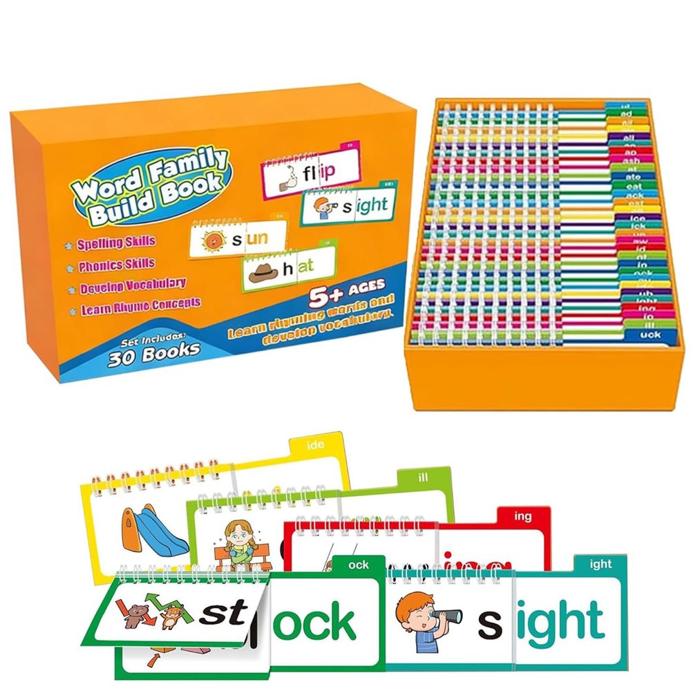 30 Read and Rhyme Flip Books, Word Family Build Book, Learn to Read Phonics Flash Cards, ABC Vocabulary Flash Cards, Kindergarten Sight Words for Preschool Learning Activities and Reading Games