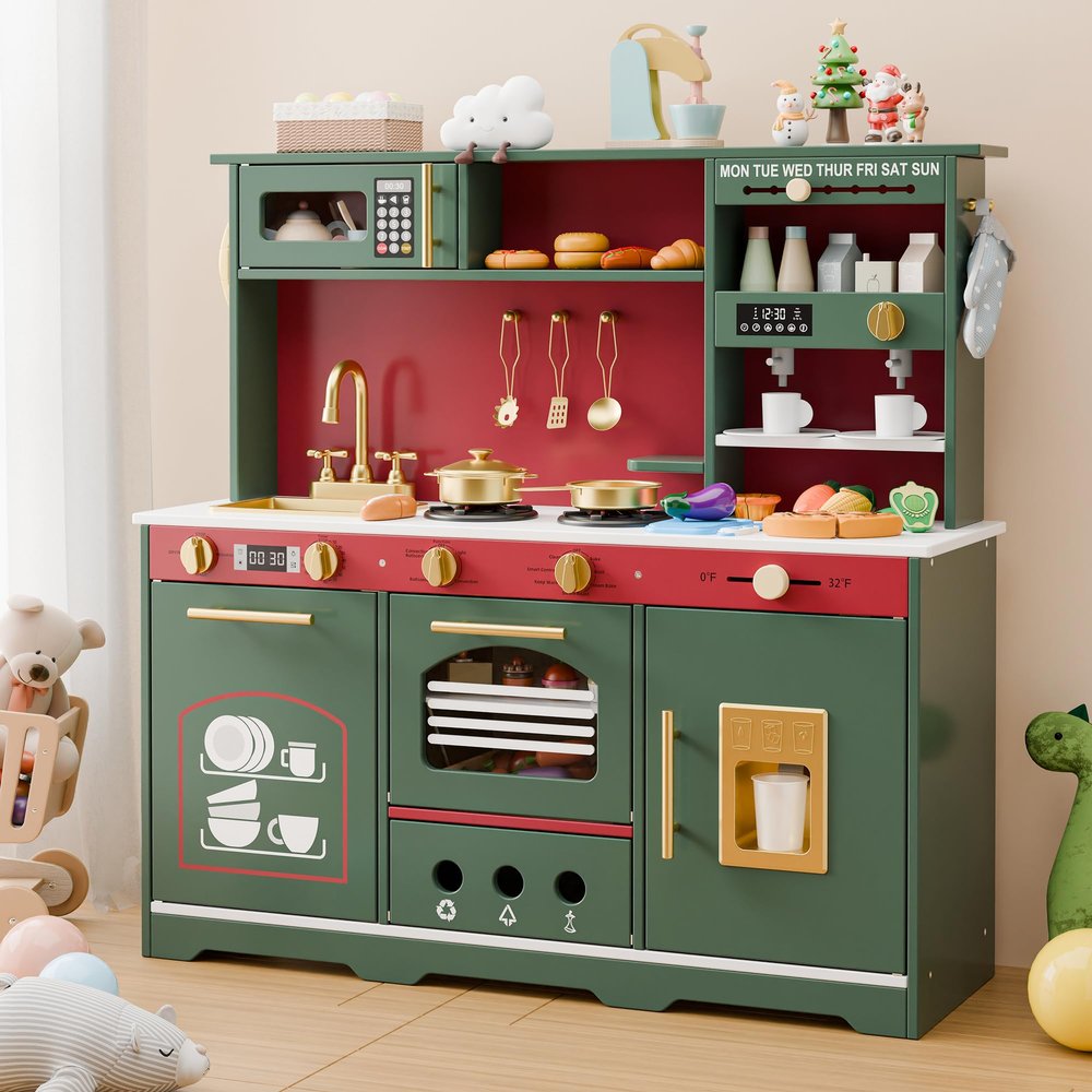 Callales 35.8" Play Kitchen Set for Kids, Toddler Toy Kitchen, 23 in 1 Wooden Kitchen Playset with Toy Food and Cookware Accessories, Gift for Ages 3+ Girls Boys, Christmas Green