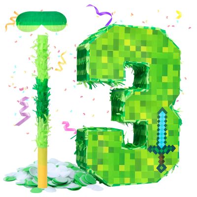 16 Inch Number 3 Pixel Piata Kit with Stick, Blindfold, Confetti for Boys Girls Birthday Parties Decorations, Interactive Kids Party Supplies, Easy to Stuff and Display (MinC-A3th)