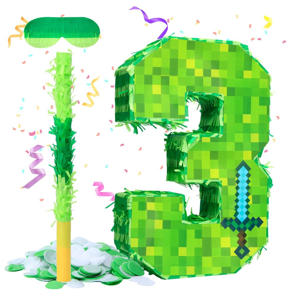 16 Inch Number 3 Pixel Piata Kit with Stick, Blindfold, Confetti for Boys Girls Birthday Parties Decorations, Interactive Kids Party Supplies, Easy to Stuff and Display (MinC-A3th)
