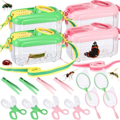 Halloscume 4 Sets Bug Catcher for Kids Students Insect Catching Kit Collector Bug Box with House, Butterfly Net, Tweezer, Cage Habitats Container Collection Explorer Gift (Pink,Green)