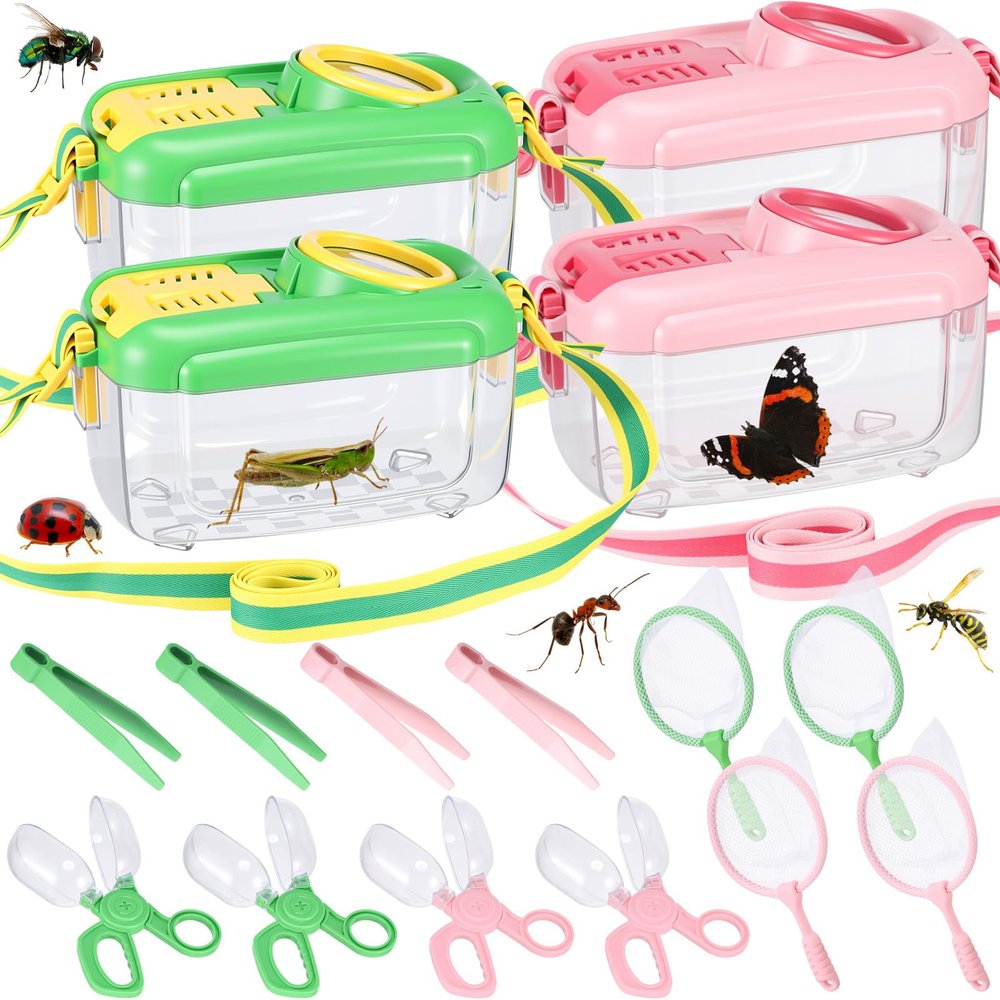 Halloscume 4 Sets Bug Catcher for Kids Students Insect Catching Kit Collector Bug Box with House, Butterfly Net, Tweezer, Cage Habitats Container Collection Explorer Gift (Pink,Green)