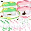 Halloscume 4 Sets Bug Catcher for Kids Students Insect Catching Kit Collector Bug Box with House, Butterfly Net, Tweezer, Cage Habitats Container Collection Explorer Gift (Pink,Green) view 1