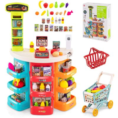 Costzon Grocery Store Playset, Grocery Store Pretend Play w/ Shopping Cart, Basket, Play Food, Scanner, Sound & Light, Pretend Play Cash Register, Supermarket Playset for Kids 3+ (Multi-Color)