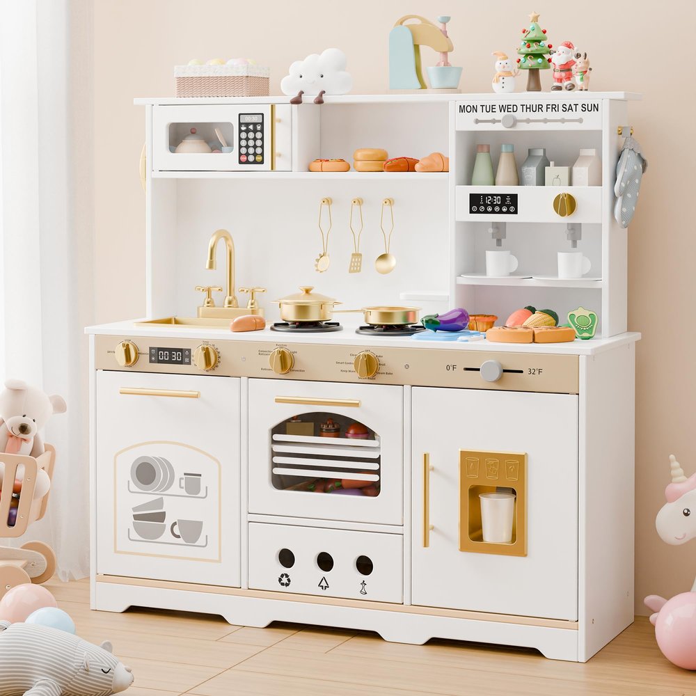 Callales 35.8" Play Kitchen Set for Kids, Toddler Toy Kitchen, 23 in 1 Wooden Kids Kitchen Playset with Toy Food and Cookware Accessories, Gift for Ages 3+ Girls Boys, White & Gold