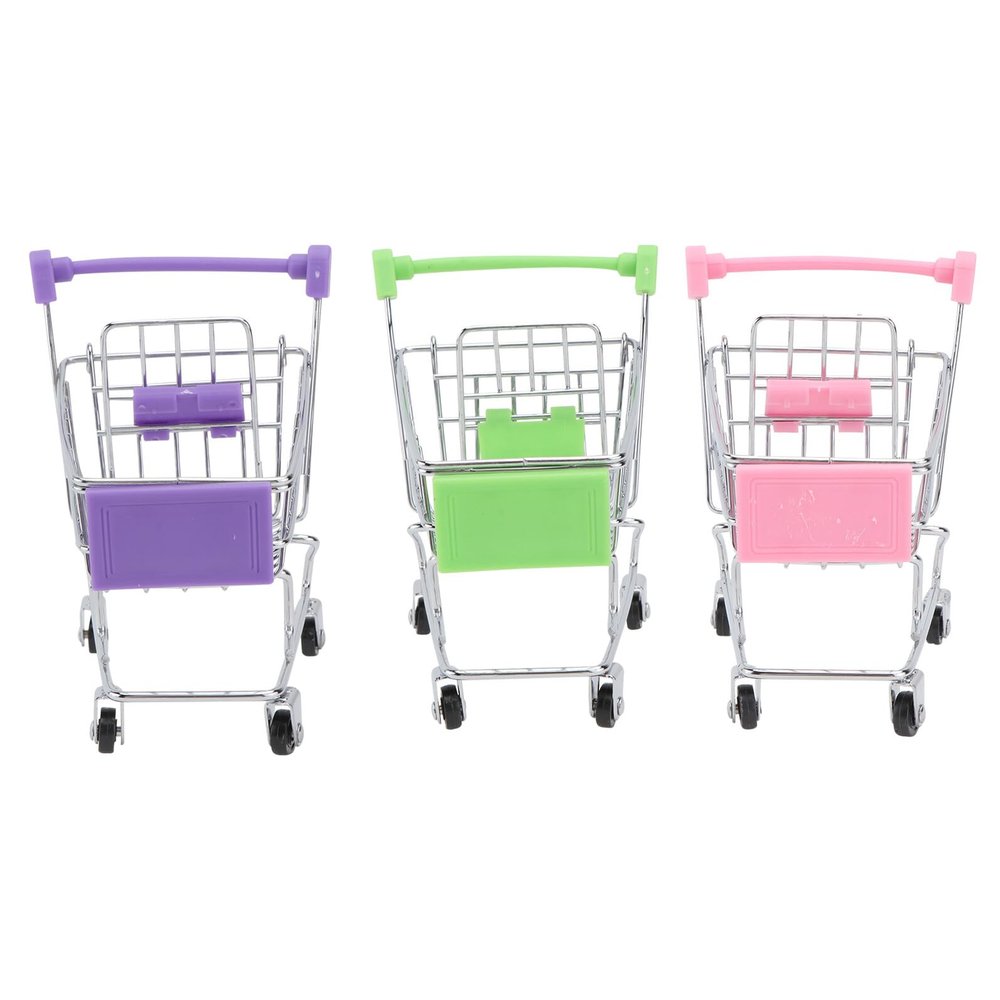 Holibanna 3pcs Mini Pretend Play Shopping Carts for Electroplated Iron Trolleys with Wheels Desk Accessory Holders for Pens Phones Sundries Pink Purple Green