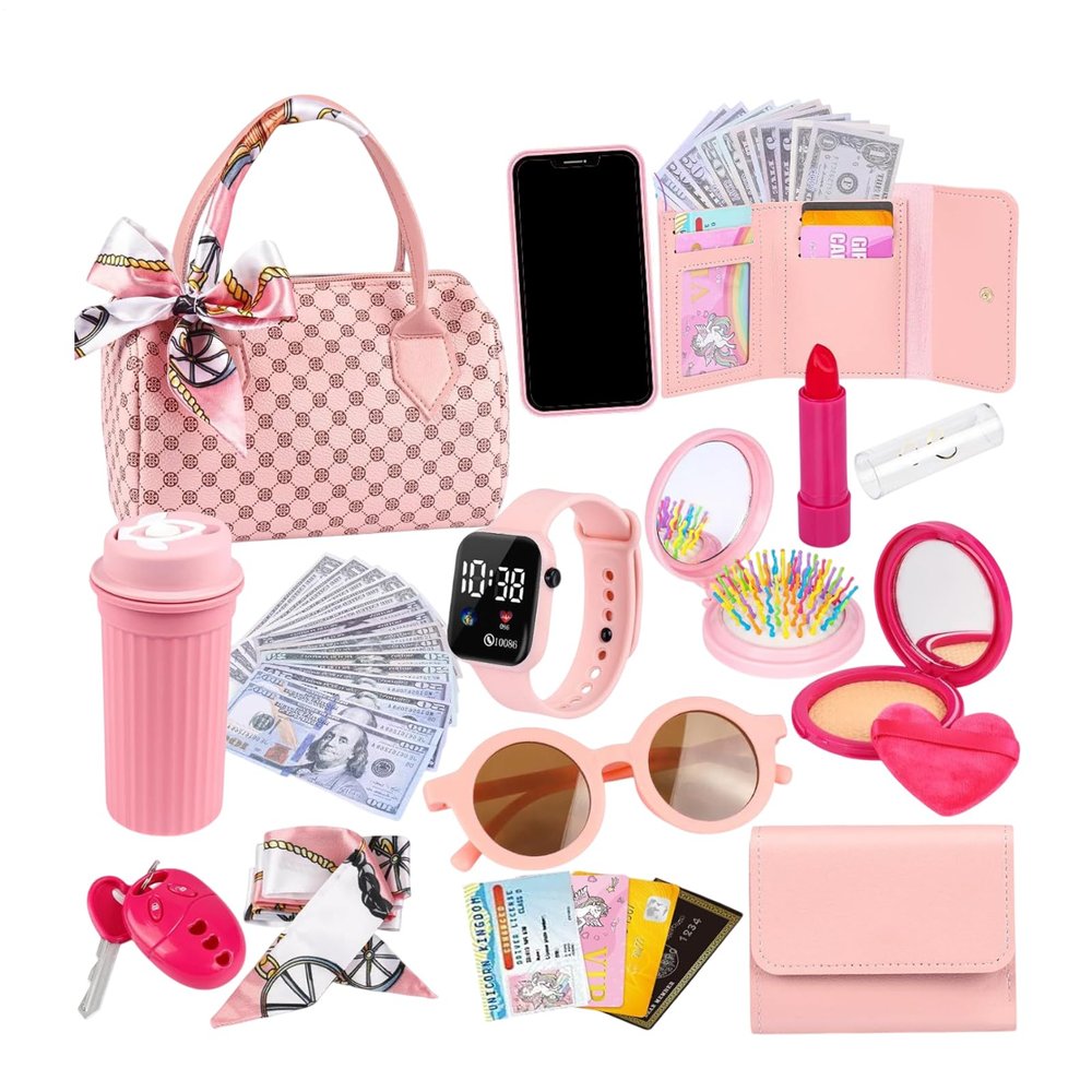 Play Purse - Toy Purse with Accessories for Little Girls | Princess Dress-Up Set with Jewelry, Makeup Tools, and Fashion Props for Kids Girls Indoor and Outdoor Play, 7.87x4.33x5.12 inches