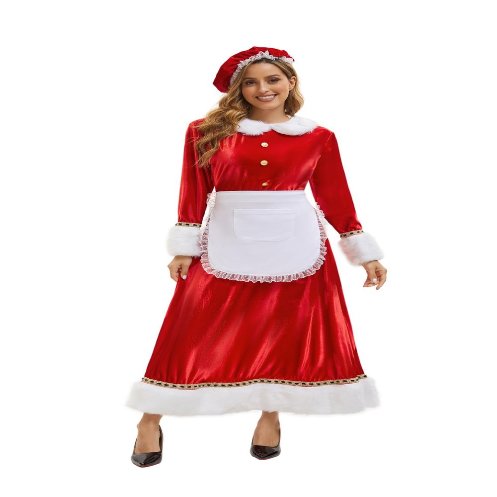 3Pcs Women Christmas Maid Costume,Party Fancy Christmas Mrs Santa Claus Red Waitress Outfit with Hat,White Apron (Large)