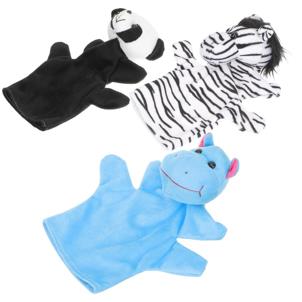 Abaodam 3Pcs Plush Animal Hand Puppets for Soft Educational with Realistic Zebra Hippo Panda Designs for Storytelling and Interactive Play