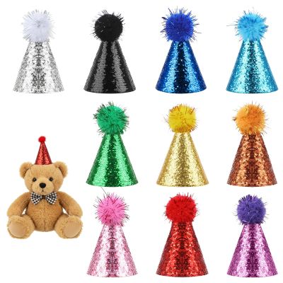 10 Pcs Mini Party Hats, Party Hats for Stuffed Animals, Multi-Color Glitter Adjustable Mini Birthday Hat with Tinsel Pom Pom for Small Pets, Dolls Decorations
