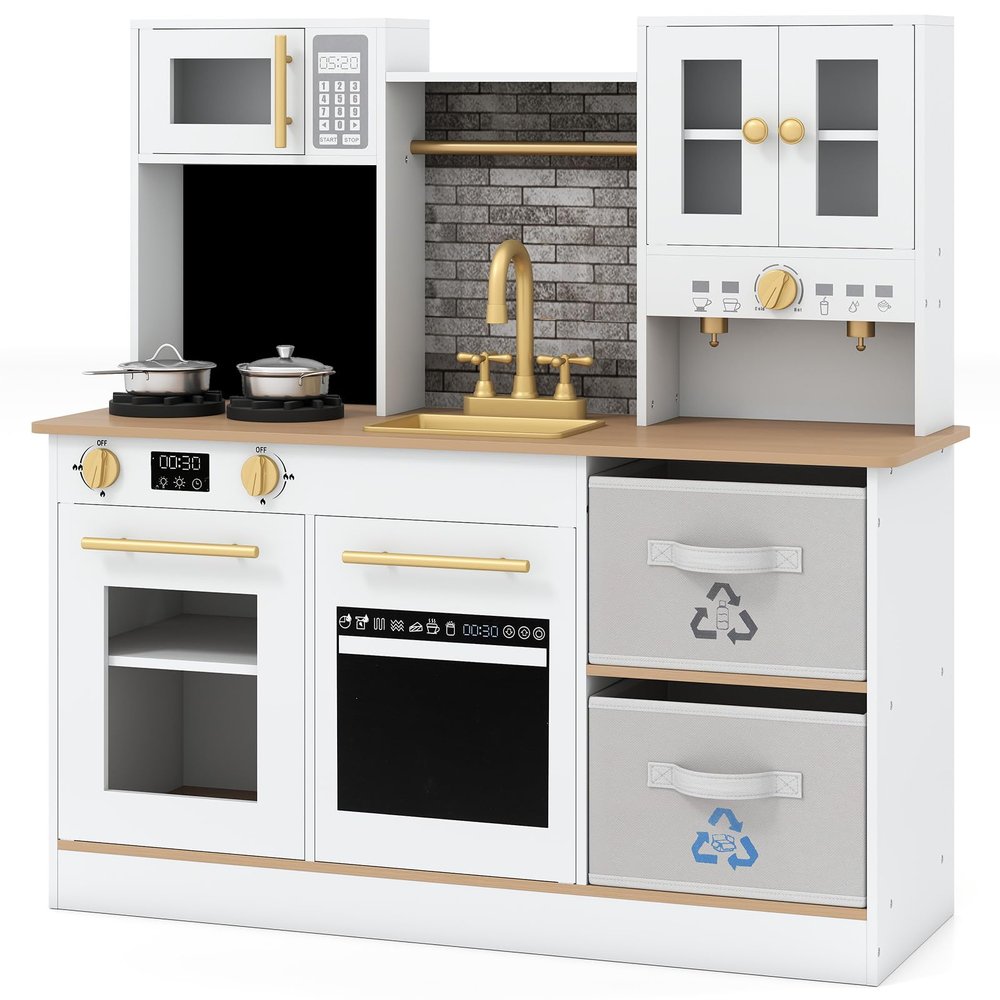 Costzon Kids Kitchen Playset, Little Chef Wooden Pretend Play Set w/Stoves, Sound & Light, Coffee Machine, Faucet & Cookware, Montessori Toddler Play Kitchen for Kids 3+ Years