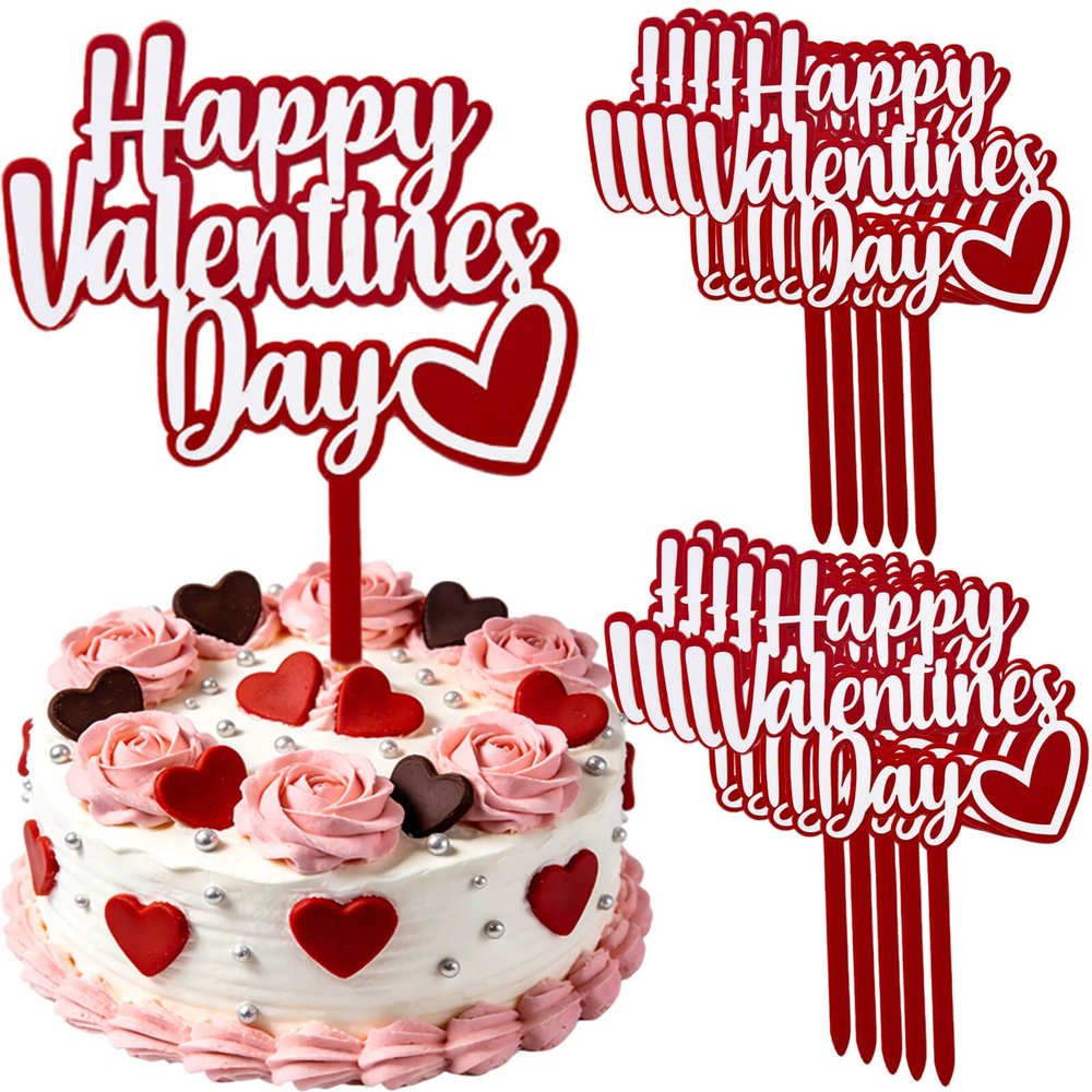 10PCS Happy Valentines Day Cake Toppers Red Valentines Heart Cupcake Toppers for Valentine's Day Birthday Wedding Anniversary Engagement Party Cake Decoration Supplies