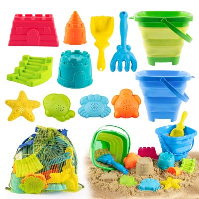 Aimlovs Collapsible Beach Toys Set for Kids,Sand Bucket Shovel, Rake, Mesh Bag 4 Molds & Castle Building Set for Beach Travel,Sandbox Toys, Foldable Beach Essentials for Toddlers 3-10(Blue&Green)