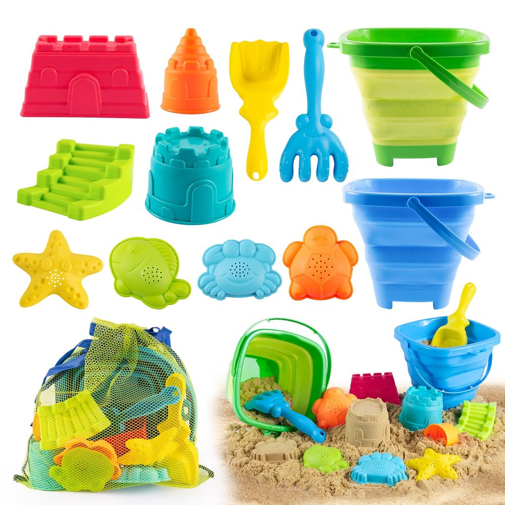 Aimlovs Collapsible Beach Toys Set for Kids,Sand Bucket Shovel, Rake, Mesh Bag 4 Molds & Castle Building Set for Beach Travel,Sandbox Toys, Foldable Beach Essentials for Toddlers 3-10(Blue&Green)