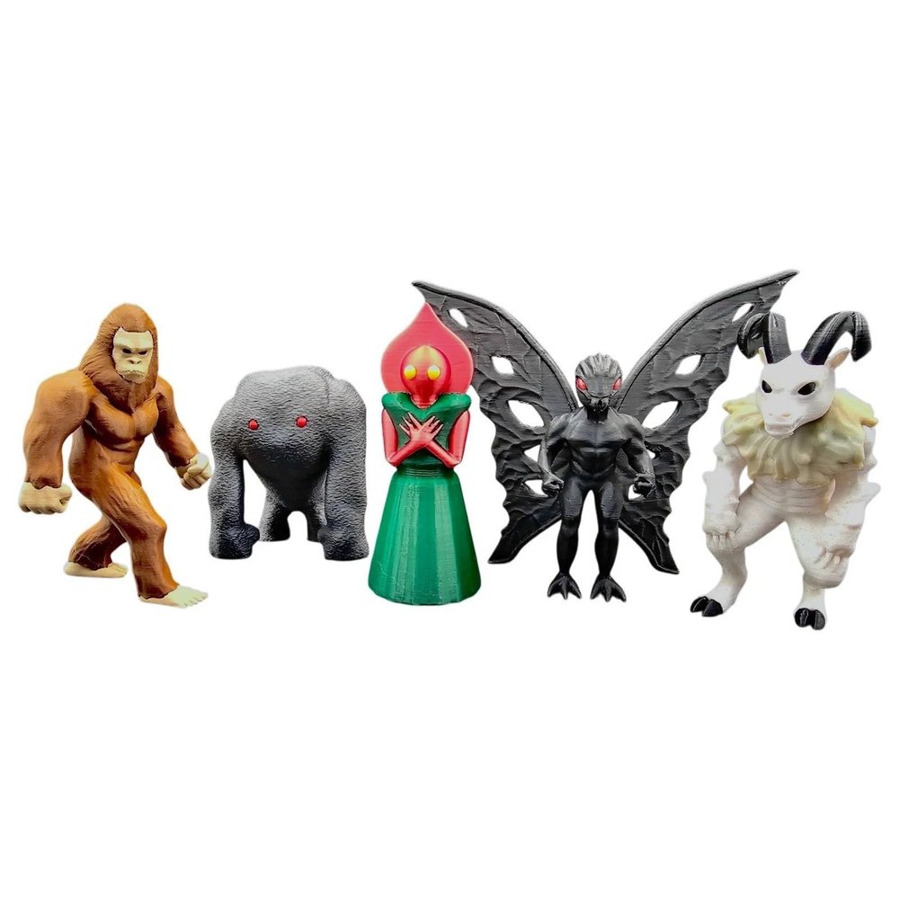 Dr. Penny Pincher Cryptid Decor Action Figure Set - Mothman, Flatwoods Monster, Bigfoot, Grafton Monster, Sheepsquatch - Set of 5 Collectible Figurines - Made in WV USA