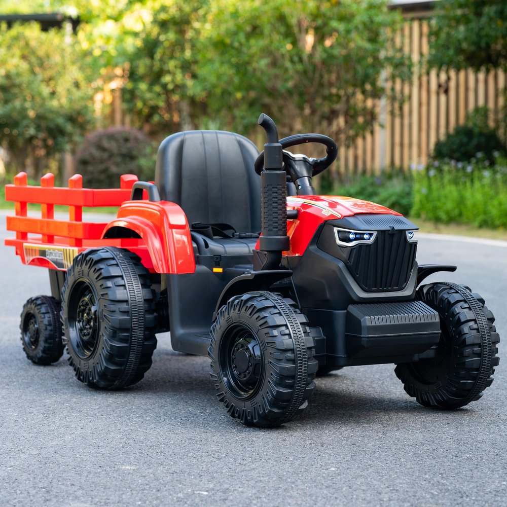 24V Kids Ride-On Tractor with Trailer, 400W Electric Farm Truck with Remote & Pedal Control, Headlights, USB MP3, Power Display, Adjustable Speeds, Safety Belt, Ride-On Toy Gift, Red