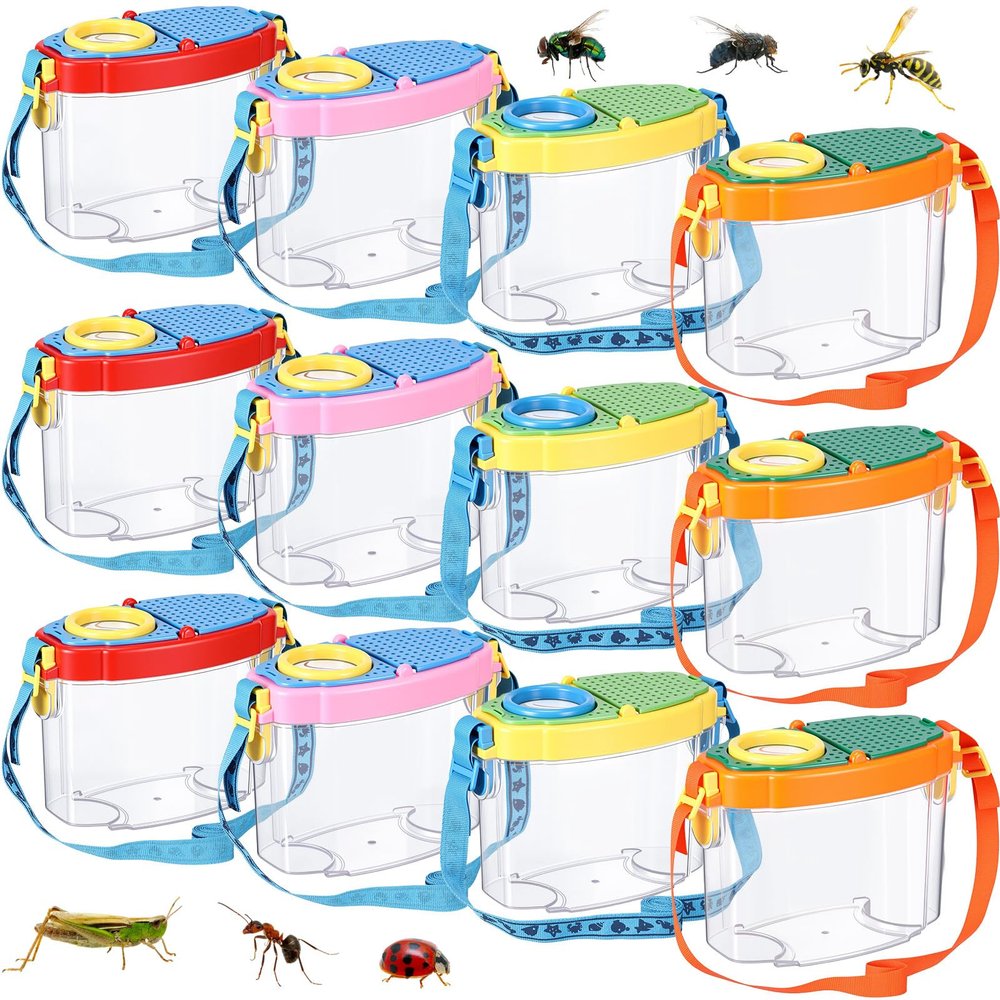 Halloscume 12 Pcs Bug Catcher for Kids Collector Toy Bug Habitat with Magnified Viewer, Insect Habitat, Outdoor Toys, Insect Box Magnifying Tools & Carry Strap - Educational Outdoor Adventure Gift