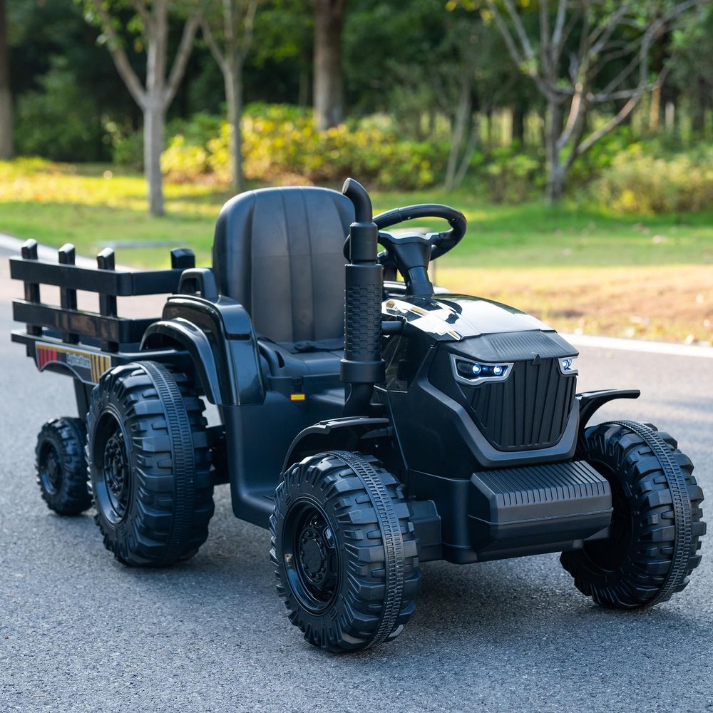 24V Kids Ride-On Tractor with Trailer, 400W Electric Farm Truck with Remote & Pedal Control, Headlights, USB MP3, Power Display, Adjustable Speeds, Safety Belt, Ride-On Toy Gift, Black
