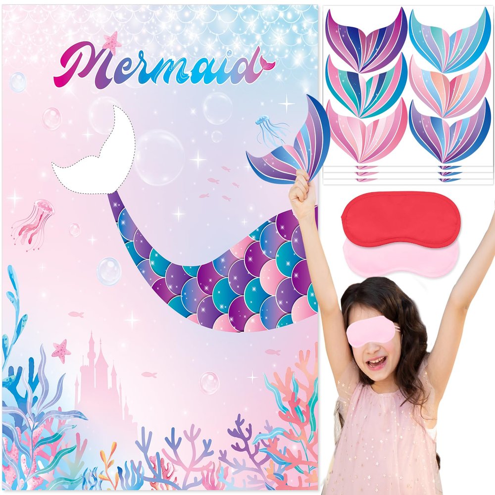 Pin The Tail on The Mermaid Party Game, Mermaid Theme Party Decorations with Poster Blindfolds and Tail Stickers, Ocean Theme Party Supplies