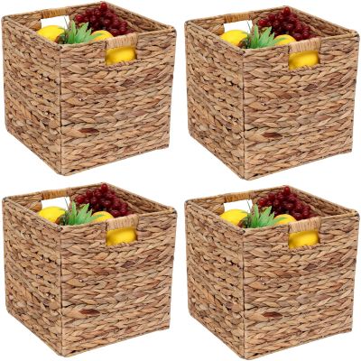 11x11in Storage Baskets Set of 4 Water Hyacinth Baskets,Foldable Handwoven Storage Cubes,Woven Baskets for Bathroom, Bedroom, Laundry, Pantry, Shelves