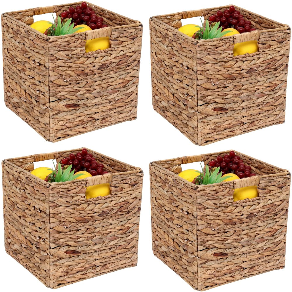 11x11in Storage Baskets Set of 4 Water Hyacinth Baskets,Foldable Handwoven Storage Cubes,Woven Baskets for Bathroom, Bedroom, Laundry, Pantry, Shelves