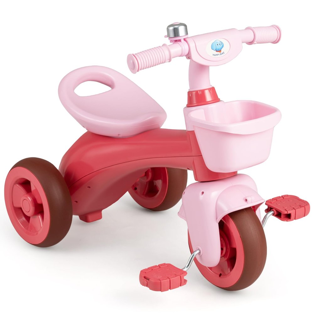 BABY JOY Toddler Bike, Kids Tricycle with Front & Rear Storage Basket, Ergonomic Seat, Non-Slip Handle and Fun Bell, Children Trike for Boys Girls Indoor Outdoor Play (Pink)