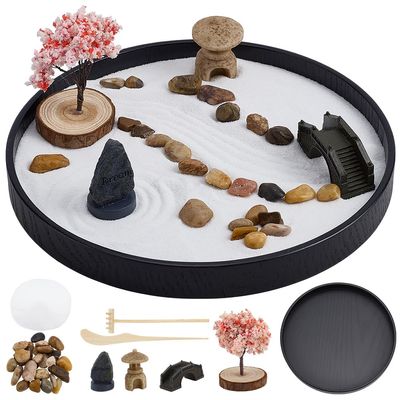 WEBEEDY Japanese Zen Garden Kit Mini Round Sand Tray Therapy Tabletop Sandbox Zen Garden Meditation Gifts Set for Home Office Desk Relaxation Beautiful Decor Gift, 8.3x8.3 Inch