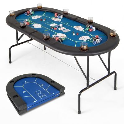 Goplus 72 Poker Table Foldable, 8 Players Card Board Game Table w/ 8 Cup Holders, Casino Grade Felt, Folding Oval Blackjack Table for Texas Holdem, No Assembly Required (Purity, Blue)