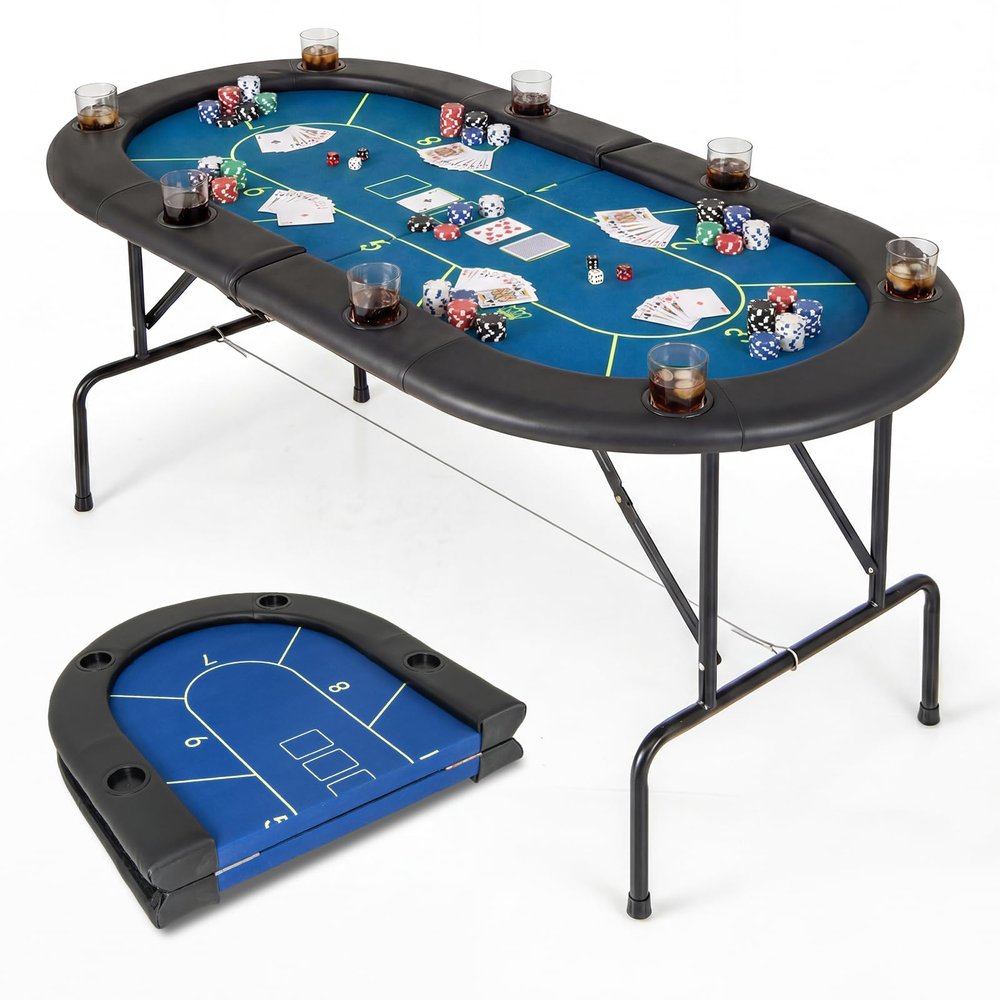 Goplus 72 Poker Table Foldable, 8 Players Card Board Game Table w/ 8 Cup Holders, Casino Grade Felt, Folding Oval Blackjack Table for Texas Holdem, No Assembly Required (Purity, Blue)