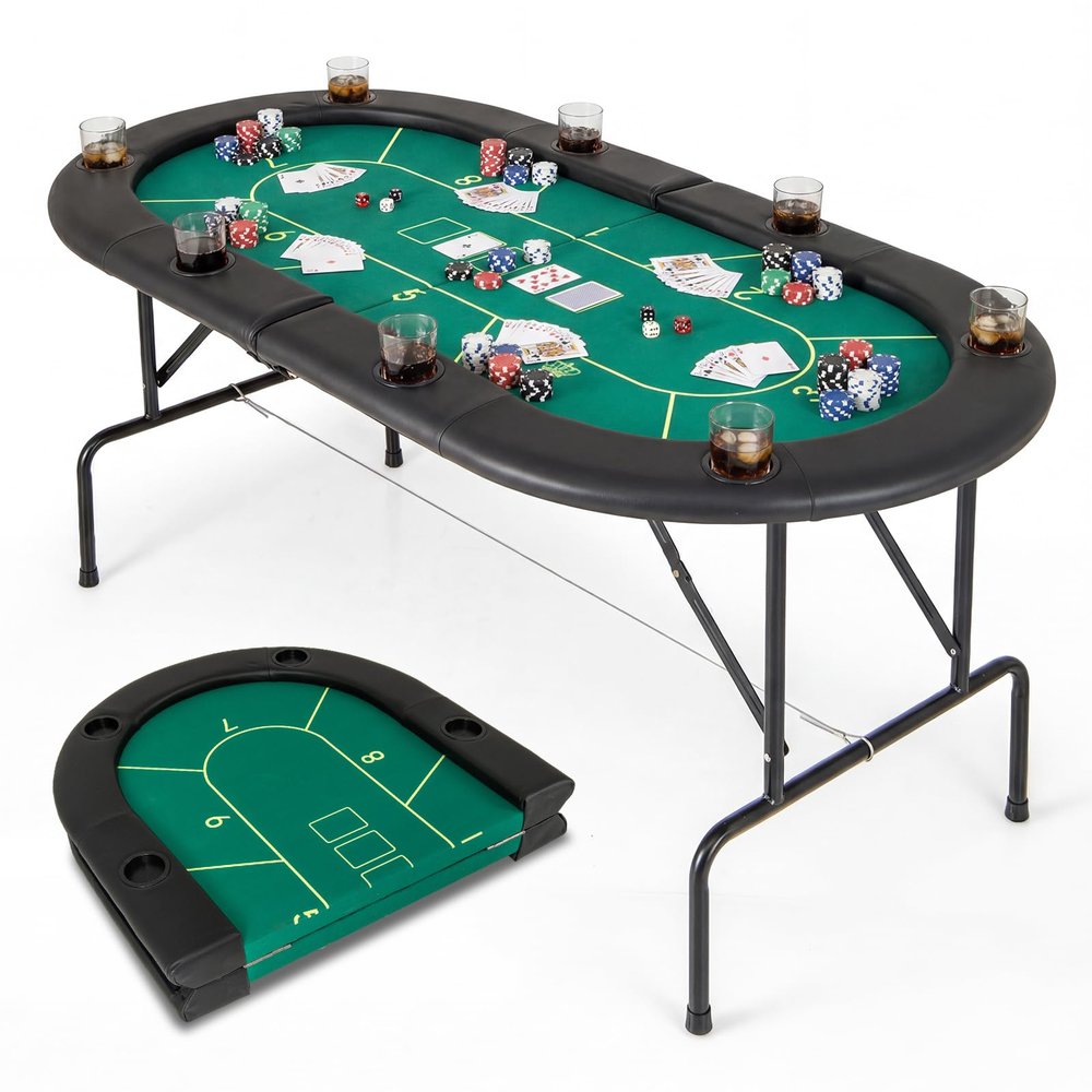 Goplus 72 Poker Table Foldable, 8 Players Card Board Game Table w/ 8 Cup Holders, Casino Grade Felt, Folding Oval Blackjack Table for Texas Holdem, No Assembly Required (Purity, Green)