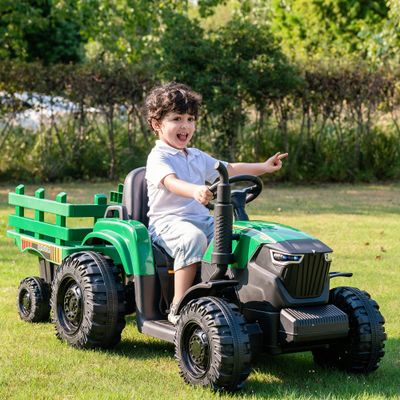 24V Kids Ride-On Tractor with Trailer, 400W Electric Farm Truck with Remote & Pedal Control, Headlights, USB MP3, Power Display, Adjustable Speeds, Safety Belt, Ride-On Toy Gift, Green