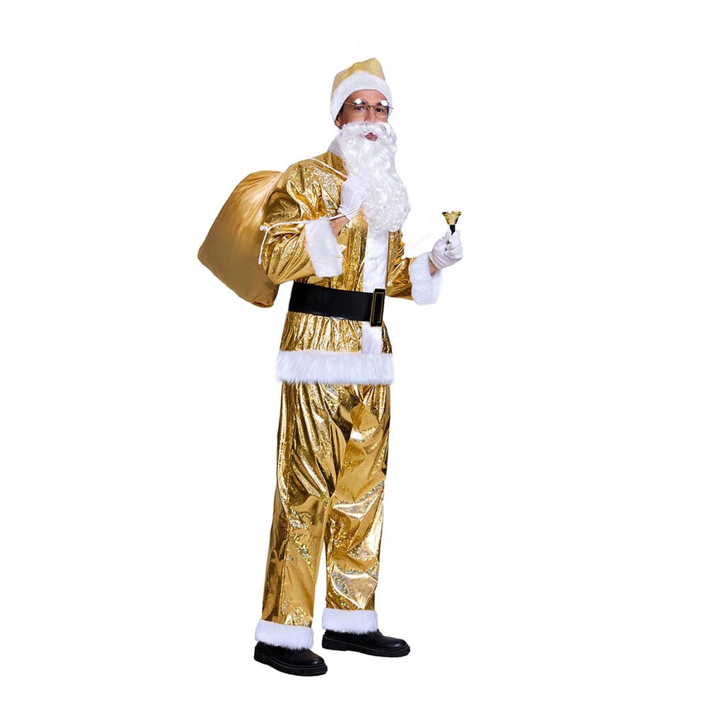 10Pcs Men Gold Deluxe Christmas Mr Claus Costume,Metallic Shiny Christmas Santa Claus Outfit with Wig,Beard,Gloves (S/M)