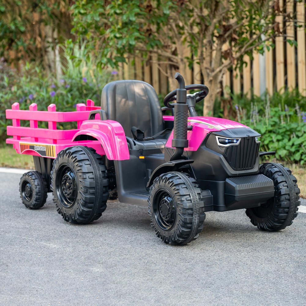 24V Kids Ride-On Tractor with Trailer, 400W Electric Farm Truck with Remote & Pedal Control, Headlights, USB MP3, Power Display, Adjustable Speeds, Safety Belt, Ride-On Toy Gift, Magenta