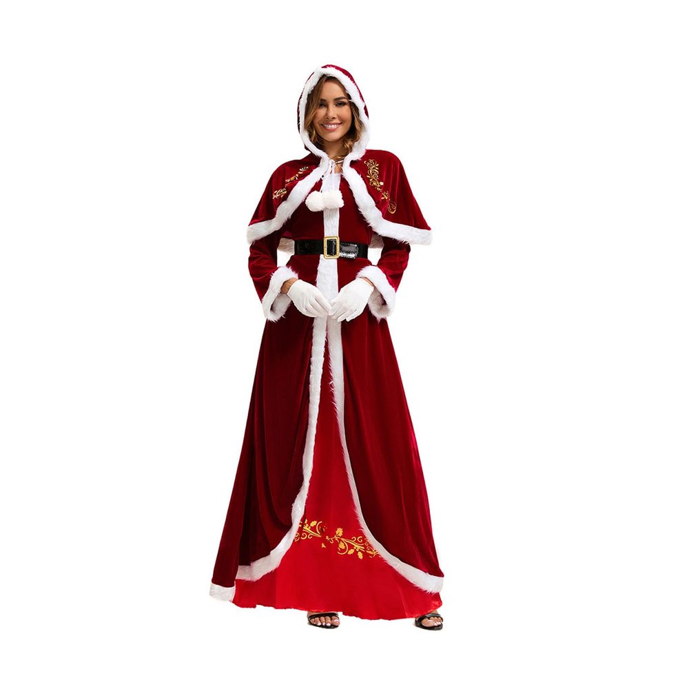 4Pcs Women Deluxe Christmas Mrs Claus Costume,Christmas Santa Velvet Dress with Hooded Cloak Cape Belt Gloves (X-Large)