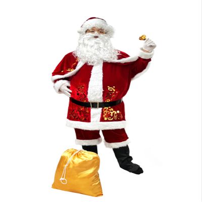 12Pcs Men Red Deluxe Christmas Mr Claus Costume,Professional Christmas Santa Claus Velvet Suit with Beard,Gloves (5X-Large)