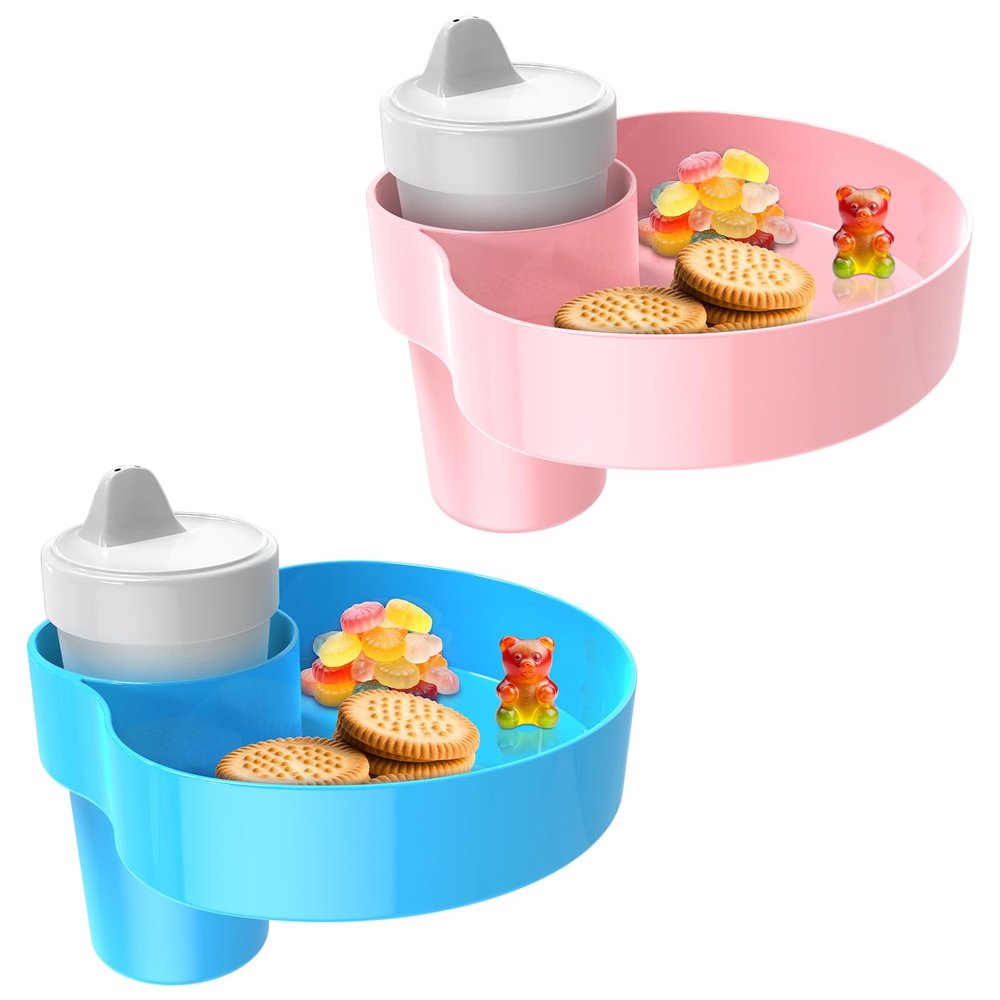 [2 PACK]Kids Car Seat Cup Holder Snack Tray - Toddler Travel Essentials for Mess-Free Snacking on Road Trips, Travel Accessory Compatible with Safety Seats & Strollers Console, (Sky Blue+Pink)