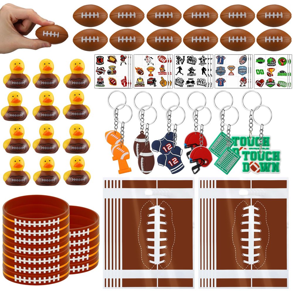 183 Pcs Football Party Favors Set 12 Rugy Goodie Bag 12 Mini Ball 12 Bracelets 12 Keychains 12 Mini Ducks 15 Tattoo Decals for Rugby Themed Birthday Gifts Football Party Suppliers School Rewards