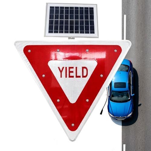 28" Solar Powered LED Flashing Yield Sign with 18.8V Solar Panel & Mounting Accessories - High Visibility Traffic Sign for Crosswalks and Safety Zones