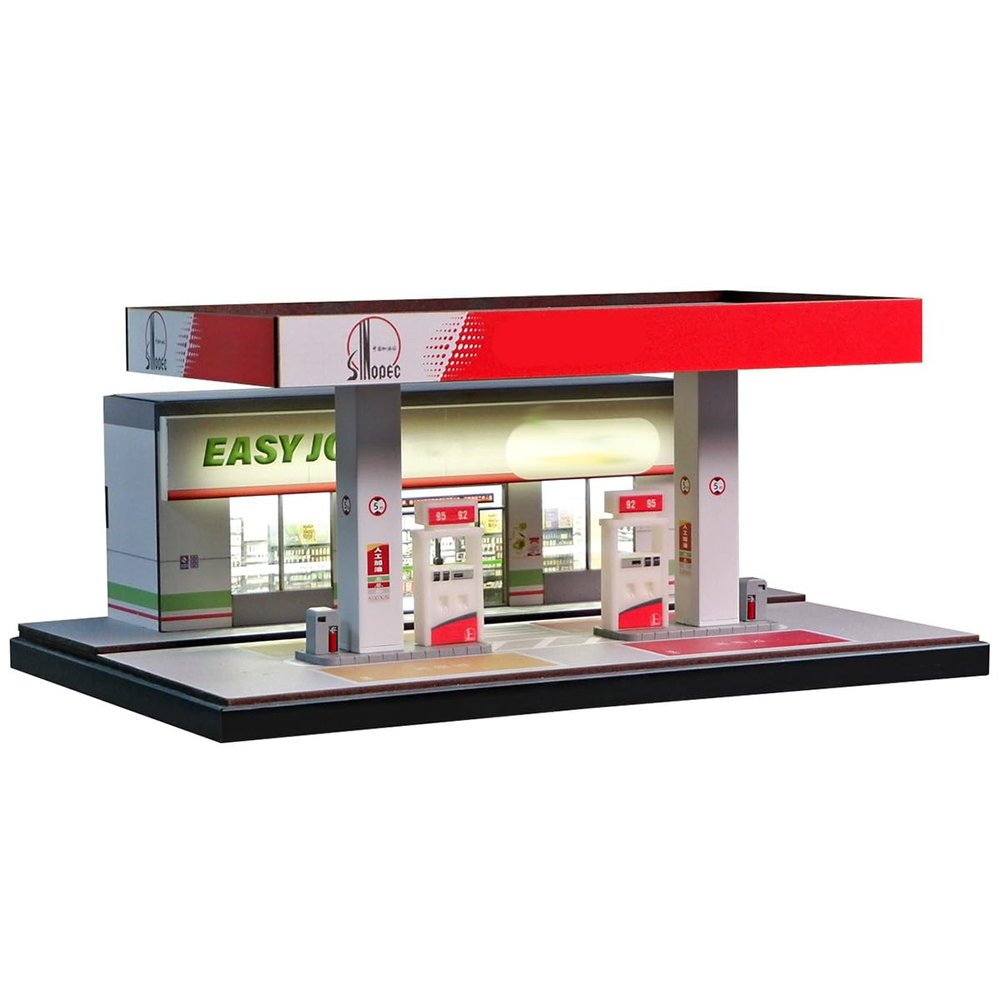1/64 Gas Station Playset Miniature Diorama Scene for Adults Automotive Culture Display (Cars & Figures Not Included) (29.7 x 20 x 13.5cm)