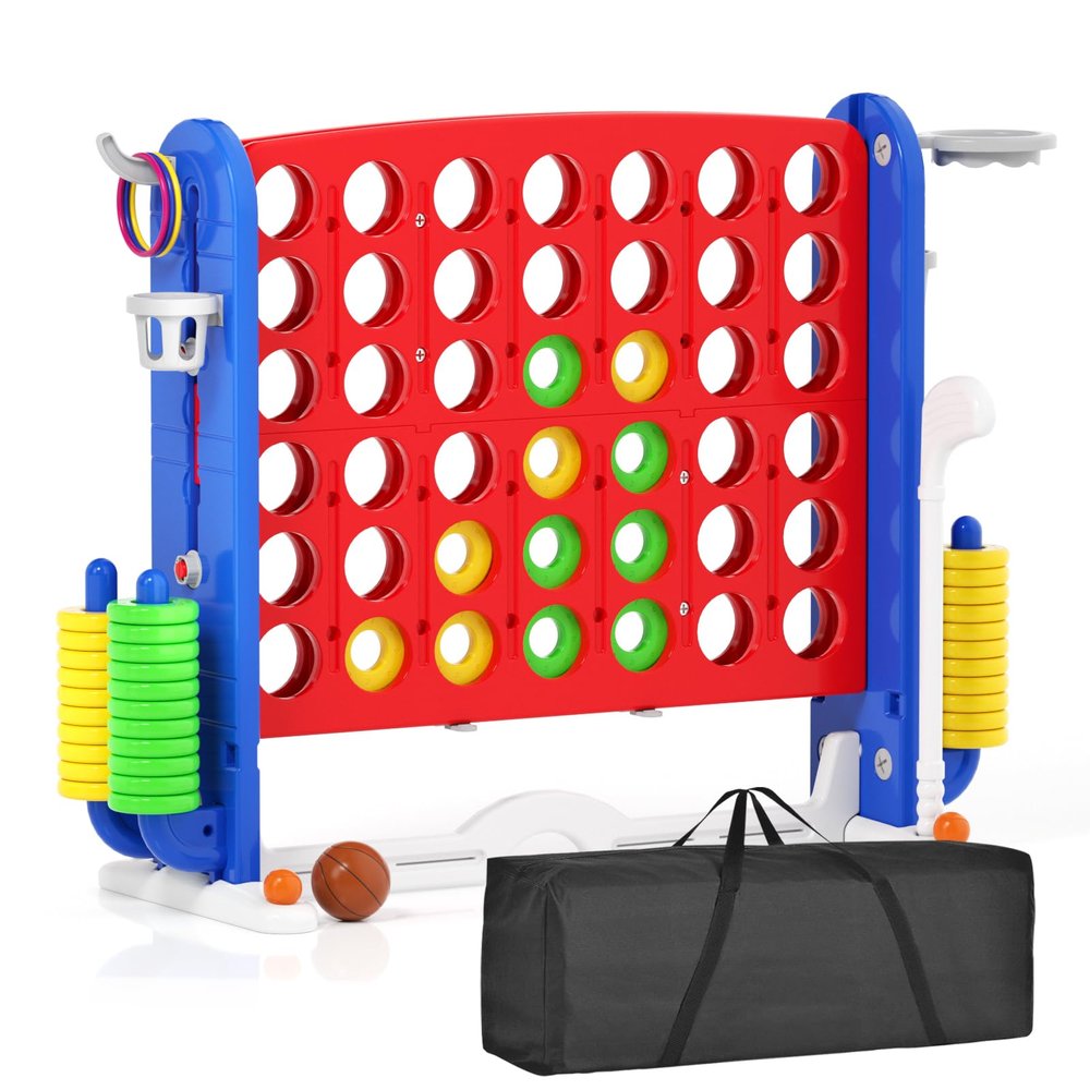 Glaf Giant 4-in-a-Row Game Outdoor Yard Jumbo 4-to-Score for Kids Adults and Family Adjustable Height Toy Set Floor Board Games Play with 42 Jumbo Rings Golf Basketball and Ring Toss (Red with Bag)