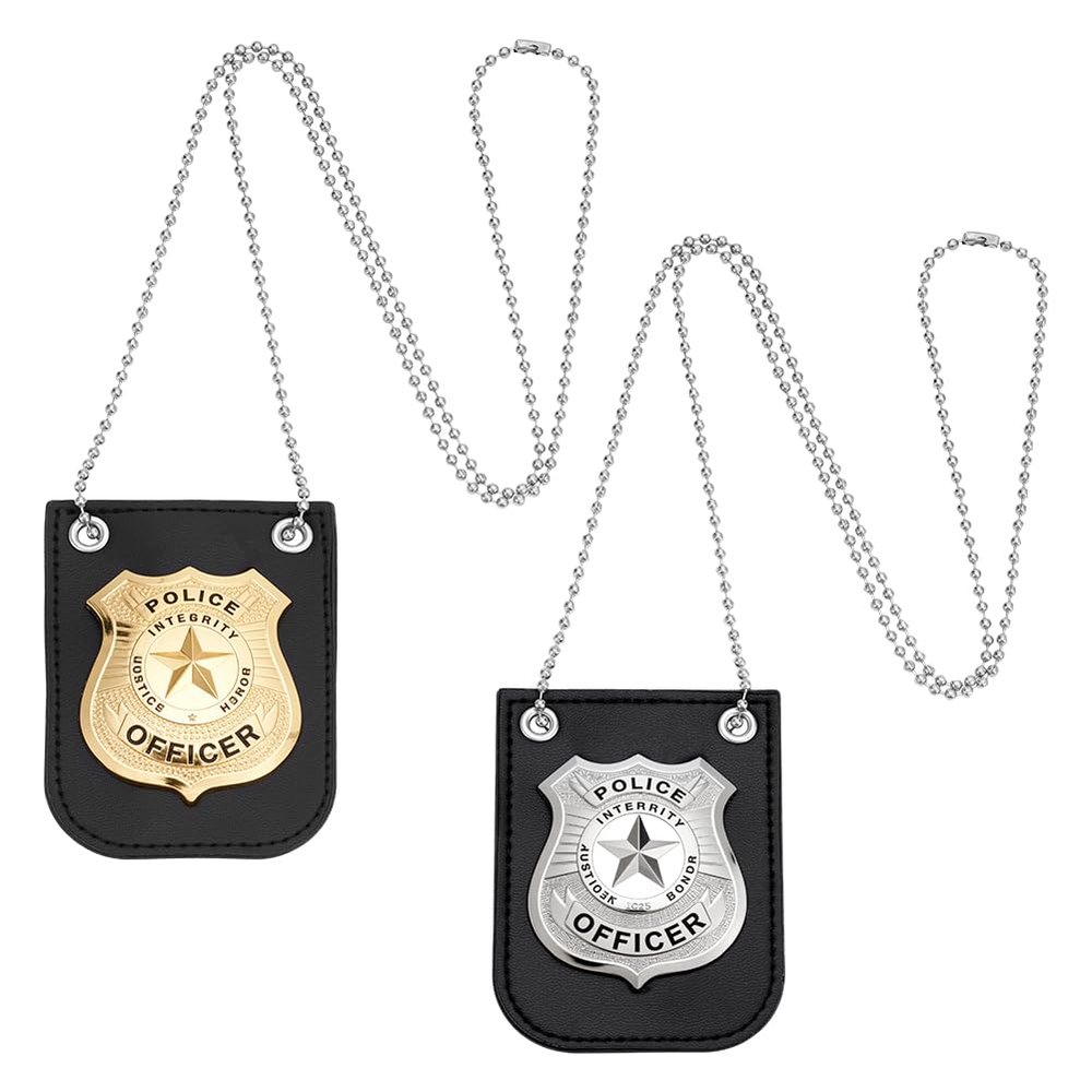 UNICRAFTALE 2Pcs 2 Colors America Police Badge Platinum & Gold Detective Badge with 38.2 Inch Chain & Belt Clip Halloween Costume Badges Role Play Badges for Themed Parties Cosplay 3.82x2.8 Inches