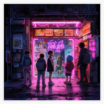 Magnet Children Standing Near a neon-lit Cyberpunk Shop Magnetic Vinyl Decal Reusable 5"