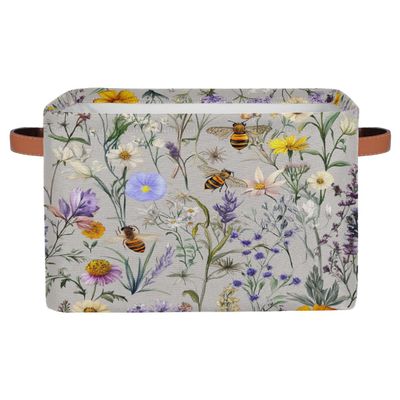 YPPAHHHH Foldable Storage Basket with Handles, Fabric Storage Bin Animal Bees Wildflower Collapsible Organizer Basket for Closet Nursery Laundry Bathroom Home Organization, 1pc