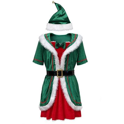 3Pcs Women Christmas Elf Costume,Party Fancy Christmas Mrs Santa Claus Helper Dress Outfit with Hat,Belt (Large)