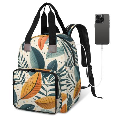 Shoblo Plant Leaf Print Diaper Bag Backpack for Travel, Waterproof Diaper Bag with Insulated Bottle Pockets & USB Port, Large Capacity Baby Bag for Moms & Dads